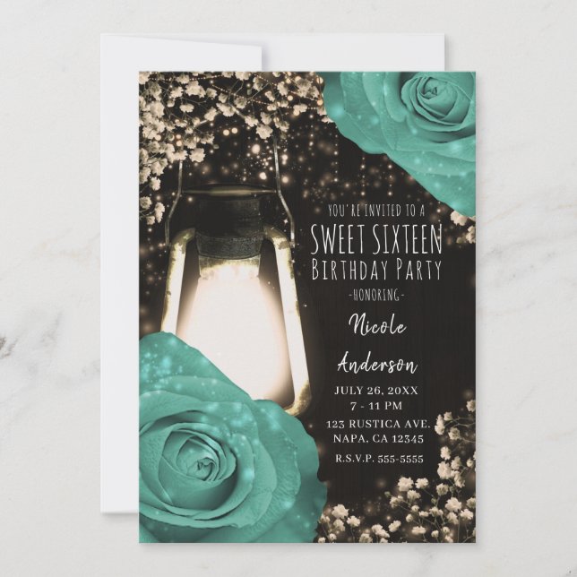 Invitation Lanterne Rustic Glow Roses Vert Menthe Sweet 16 (Devant)