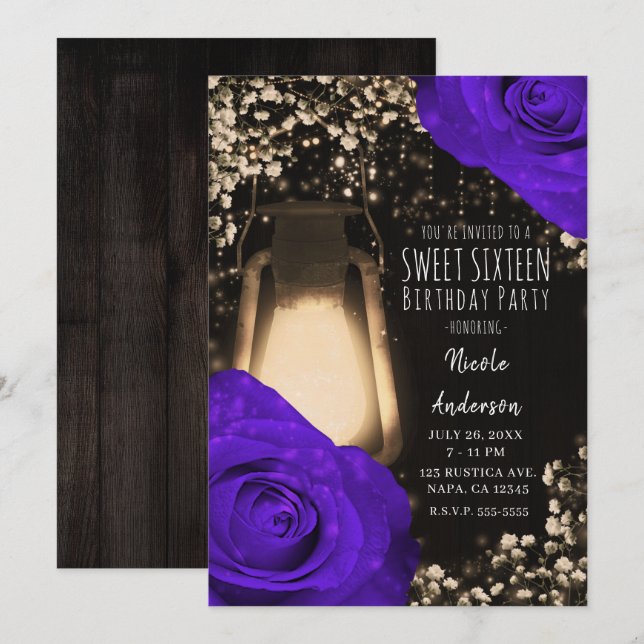 Invitation Lanterne Rustic Glow & Roses Violettes Violettes S (Devant / Derrière)