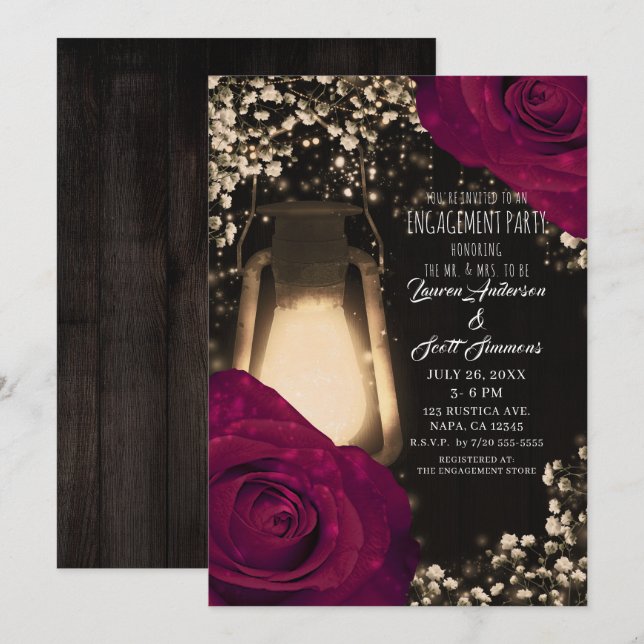 Invitation Lanterne Rustique aux Roses Magenta pour Fête de F (Devant / Derrière)