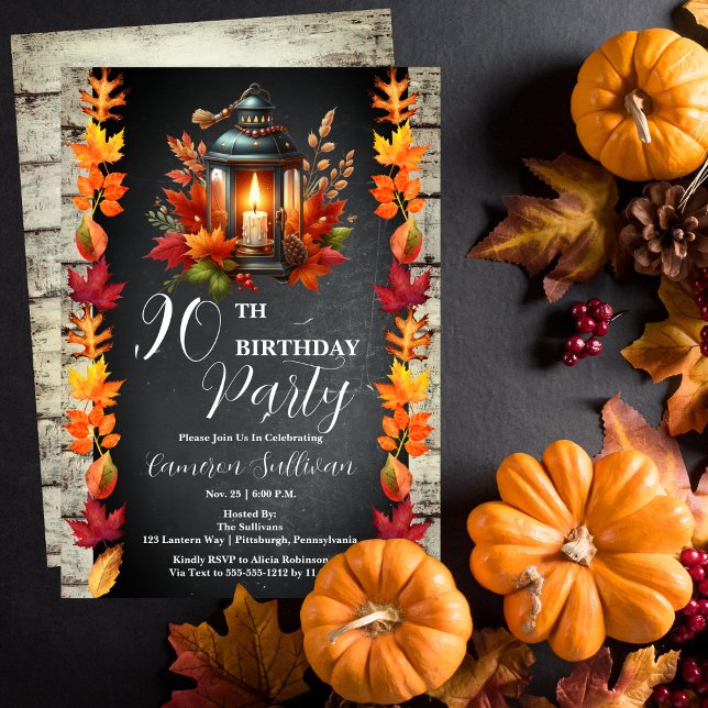 Invitation Lanterne rustique et Feuille Automne 90e fête d'an (Candlelit Lantern and Fall | Autumn Leaves 90th Birthday Party Celebration Invitation)