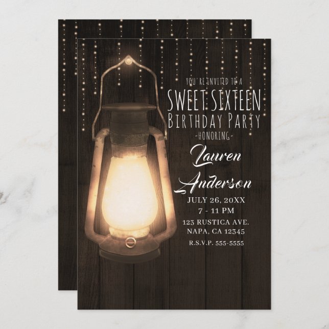 Invitation Lanterne rustique et lumières Bois Brown Sweet 16  (Devant / Derrière)