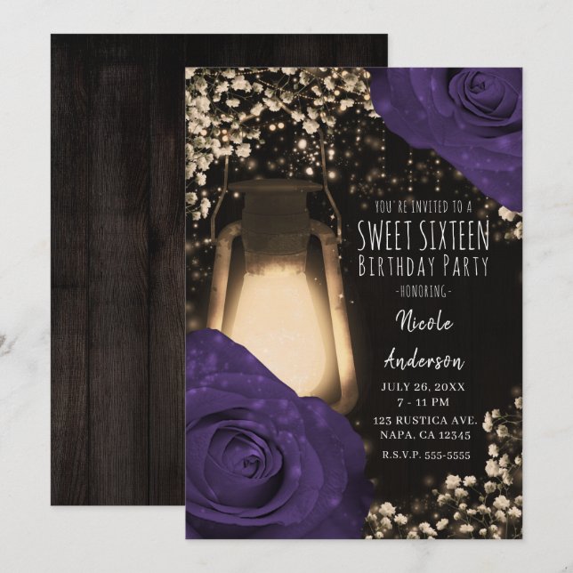 Invitation Lanterne Rustique Glow Aubergine Couleur Roses Dou (Devant / Derrière)