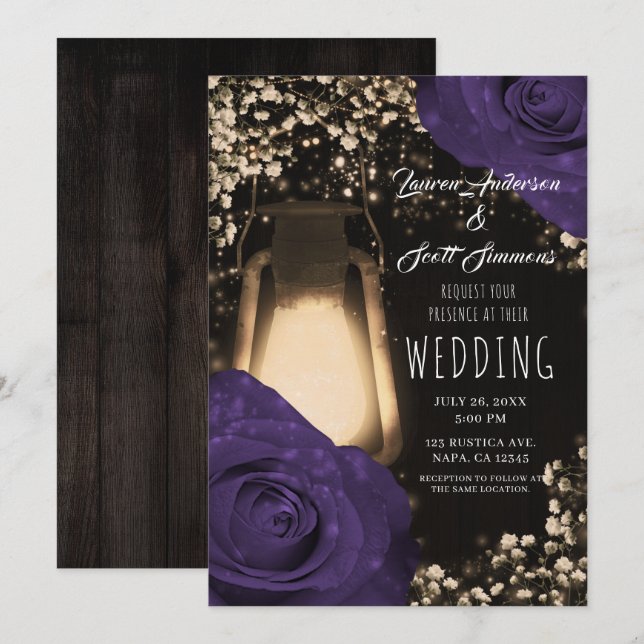 Invitation Lanterne Rustique Glow Aubergine Couleur Roses Mar (Devant / Derrière)