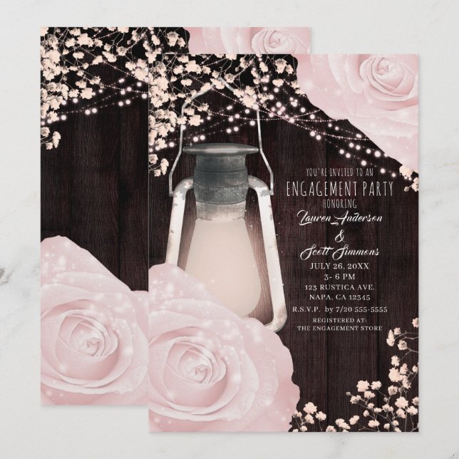 Invitation Lanterne Rustique Glow Bébé Roses Roses Engagement (Devant / Derrière)