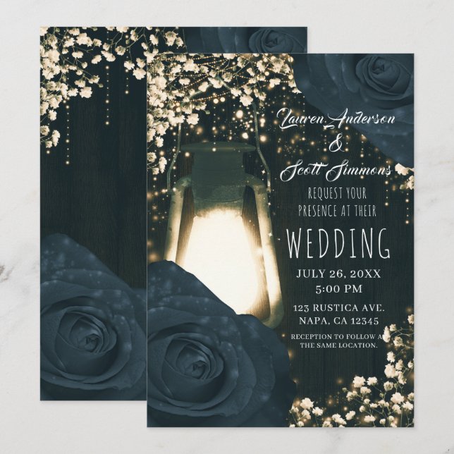 Invitation Lanterne Rustique Glow et Roses Bleu Foncé Mariage (Devant / Derrière)