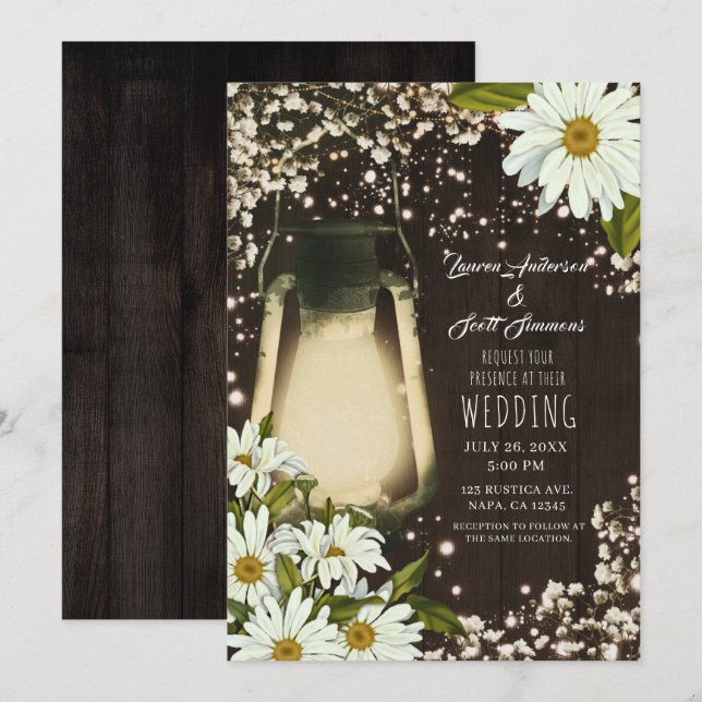 Invitation Lanterne Rustique Glow Fleurs de Marguerites et Gy (Devant / Derrière)