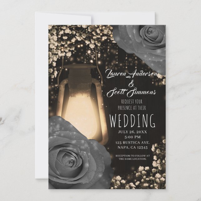 Invitation Lanterne Rustique Glow Fleurs Roses Grises Mariage (Devant)