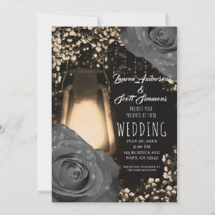 Invitation Lanterne Rustique Glow Fleurs Roses Grises Mariage