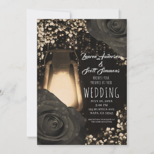 Invitation Lanterne Rustique Glow Gris Chaud Roses Noires Mar