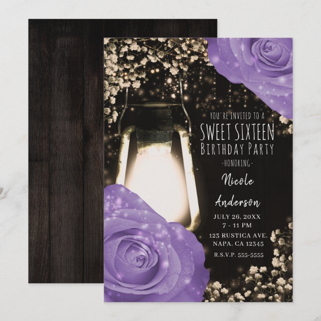 Invitation Lanterne Rustique Glow Lilas Roses Violettes Douce (Devant / Derrière)
