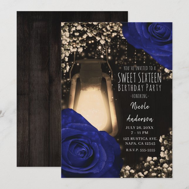 Invitation Lanterne Rustique Glow Navy Roses Mariage Sweet 16 (Devant / Derrière)