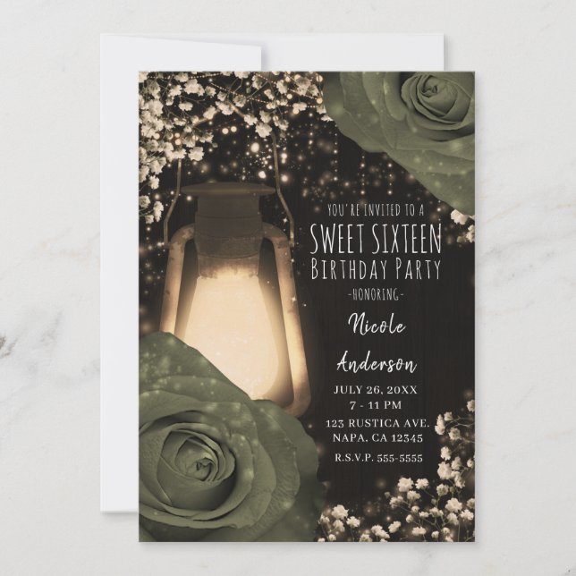 Invitation Lanterne Rustique Glow Olives Sauge Roses Douze An (Devant)