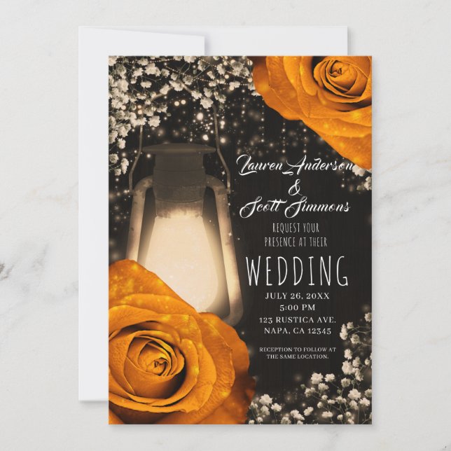 Invitation Lanterne Rustique Glow Orange Roses Automne Mariag (Devant)