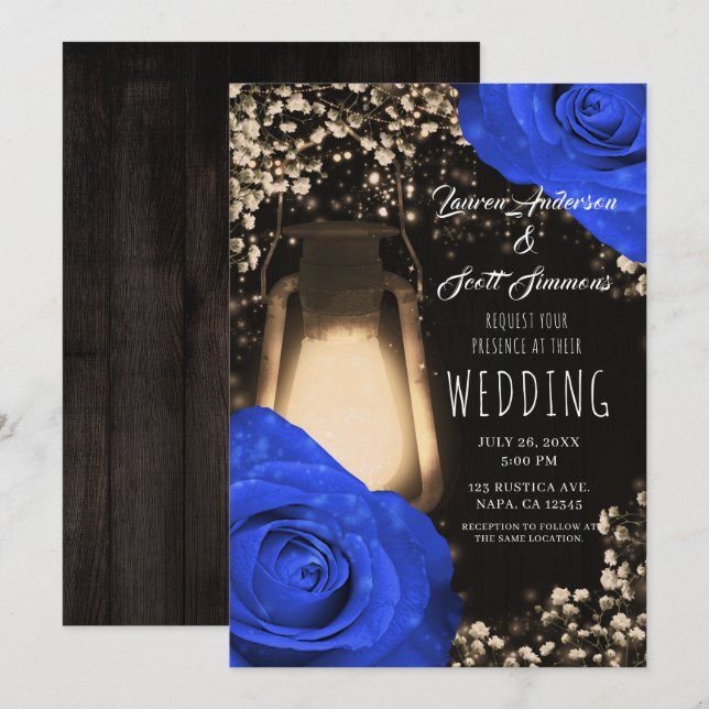 Invitation Lanterne Rustique Glow & Roses Bleu Cobalt Mariage (Devant / Derrière)