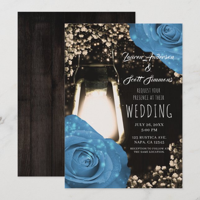 Invitation Lanterne Rustique Glow Roses Bleu Cornflower Maria (Devant / Derrière)