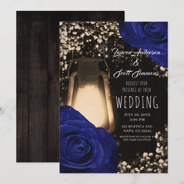 Invitation Lanterne Rustique Glow & Roses Bleu Marine Invitat (Devant / Derrière)
