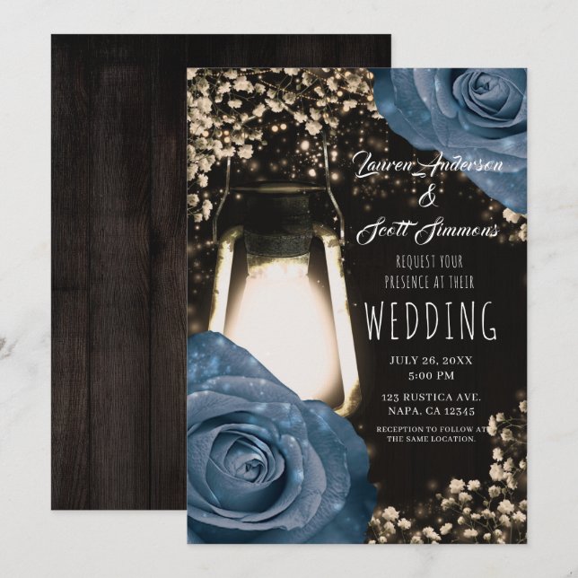 Invitation Lanterne Rustique Glow Roses Bleu Poussiéreux Mari (Devant / Derrière)