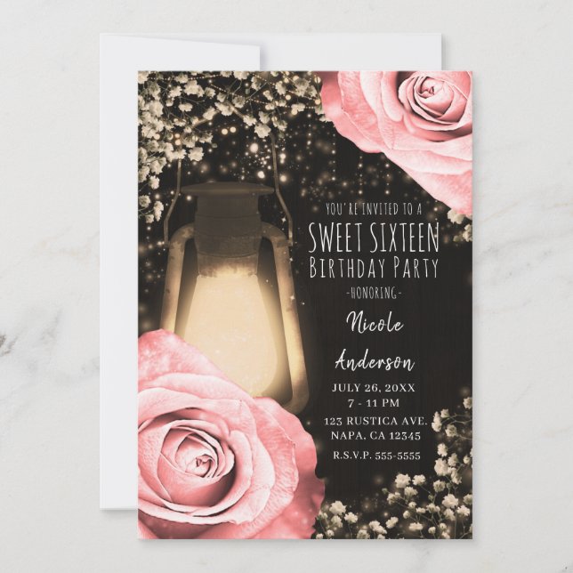 Invitation Lanterne Rustique Glow Roses Blush Péché Douce 16  (Devant)