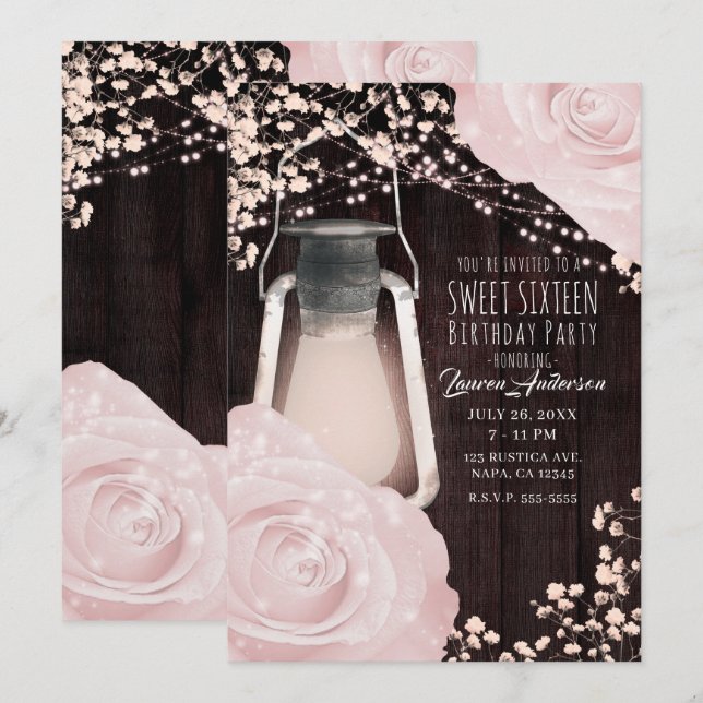 Invitation Lanterne Rustique Glow Roses Rose Pâle Douce 16 An (Devant / Derrière)