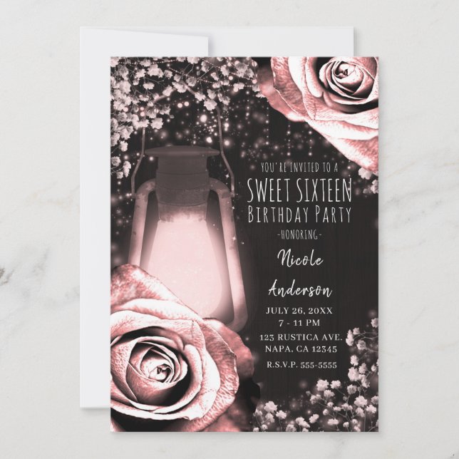 Invitation Lanterne Rustique Glow Roses Roses Blushing Douces (Devant)