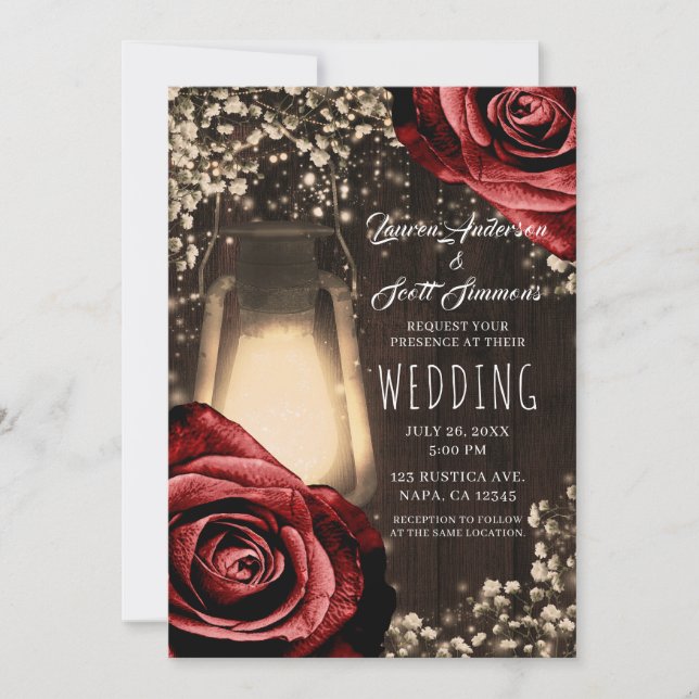 Invitation Lanterne Rustique Glow Roses Rouge Foncé & Mariage (Devant)
