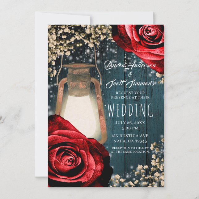 Invitation Lanterne Rustique Glow Roses Rouges et Bleu Turquo (Devant)