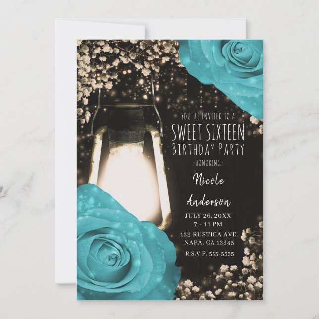Invitation Lanterne Rustique Glow Turquoise Roses Bleues Swee (Devant)