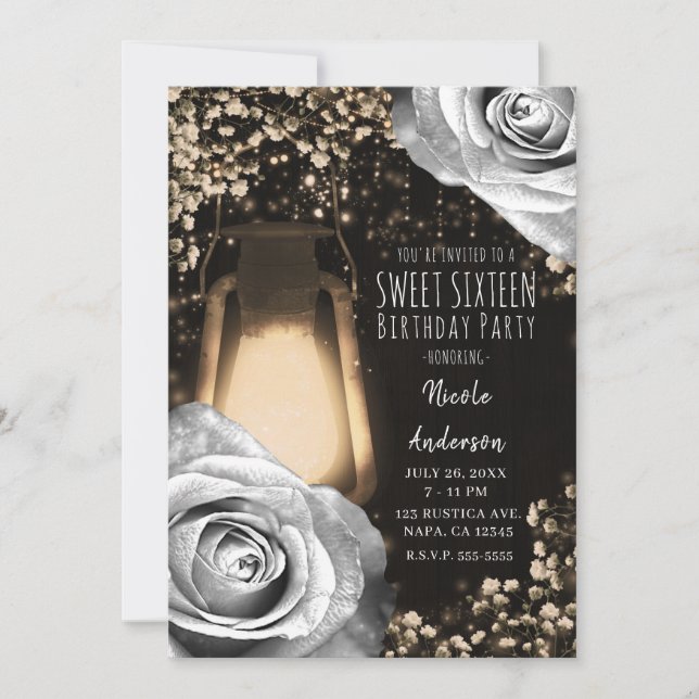 Invitation Lanterne Rustique Gris Argent Roses Douze Ans (Devant)