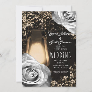 Invitation Lanterne Rustique Gris Argent Roses Mariage