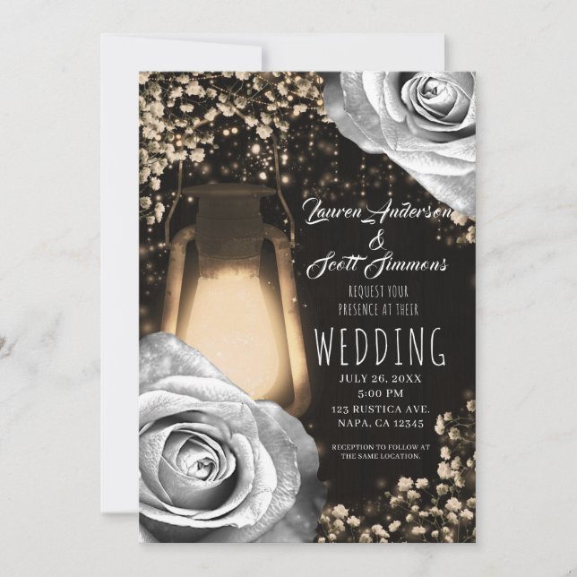 Invitation Lanterne Rustique Gris Argent Roses Mariage (Devant)