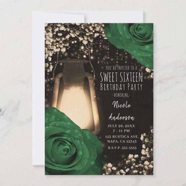 Invitation Lanterne Rustique Lueur Jardin Roses Vertes Douze  (Devant)