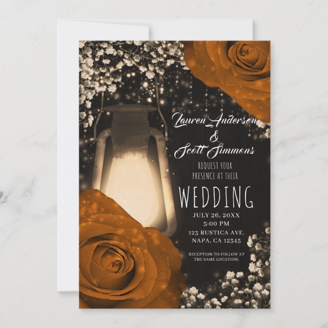 Invitation Lanterne Rustique Lueur Orange Épices Roses Mariag (Devant)