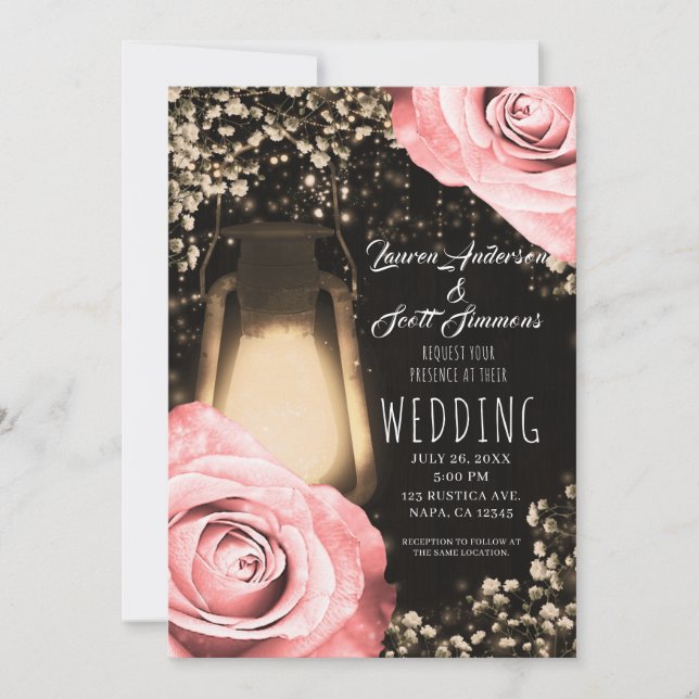 Invitation Lanterne Rustique Lueur Roses Blush Pêche Mariage (Devant)