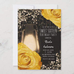 Invitation Lanterne Rustique Lumière Jaune Doré Roses Douze A