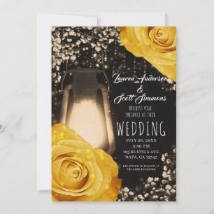 Invitation Lanterne Rustique Lumière Jaune Doré Roses Mariage