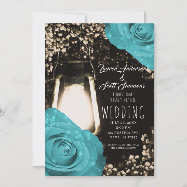 Invitation Lanterne Rustique Lumineuse Bleu Turquoise Roses M (Devant)