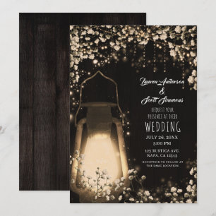 Invitation Lanterne Rustique Lumineuse et Fleurs de Mariage d