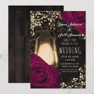 Invitation Lanterne Rustique Lumineuse et Roses Magenta pour