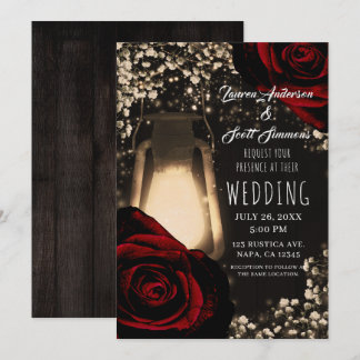 Invitation Lanterne Rustique Lumineuse et Roses Rouge Foncé,