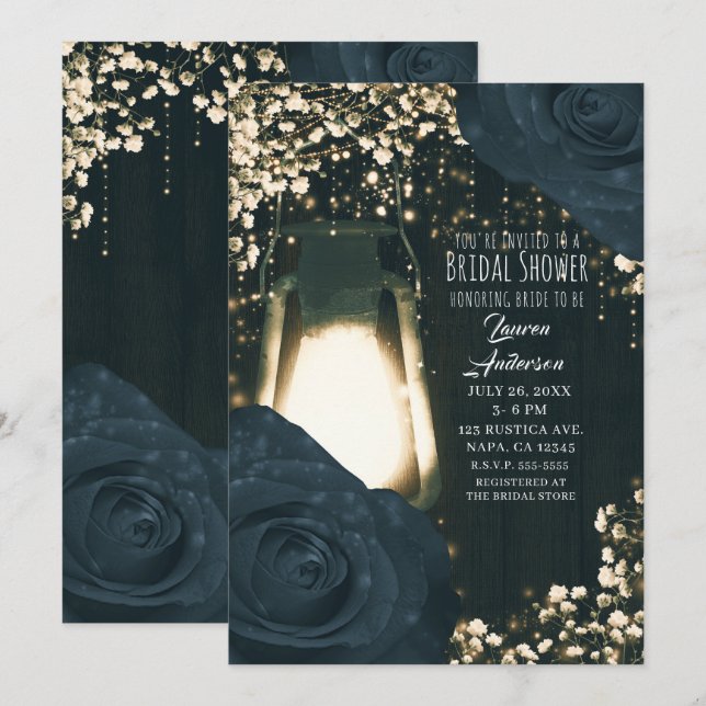 Invitation Lanterne Rustique Lumineuse Roses Noires Bleues Ba (Devant / Derrière)