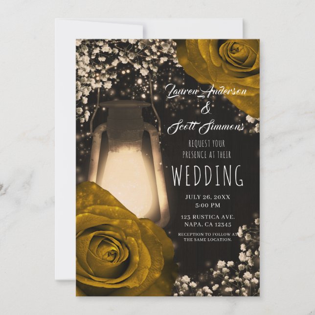 Invitation Lanterne Rustique Lumineuse & Roses Or Chaud Maria (Devant)