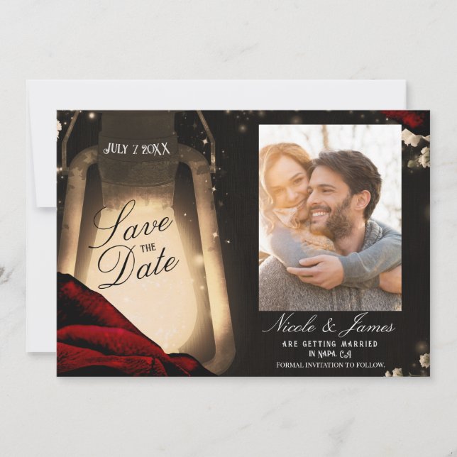 Invitation Lanterne Rustique Lumineuse & Roses Rouge Foncé Ca (Devant)