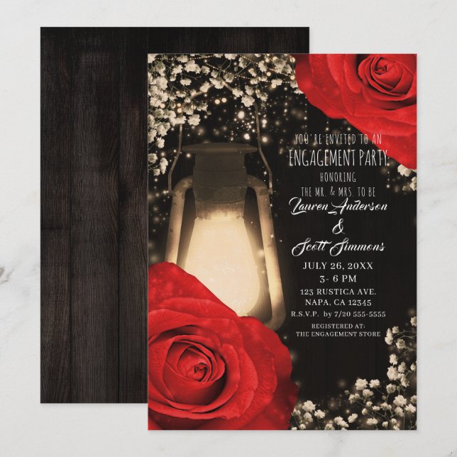 Invitation Lanterne Rustique Lumineuse  Roses Rouges de Fianç (Devant / Derrière)