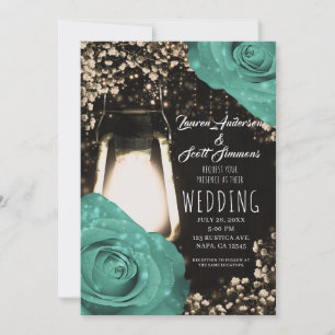 Invitation Lanterne Rustique Lumineuse Roses Vert Menthe Mari