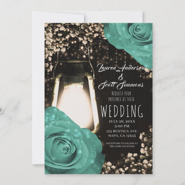 Invitation Lanterne Rustique Lumineuse Roses Vert Menthe Mari (Devant)