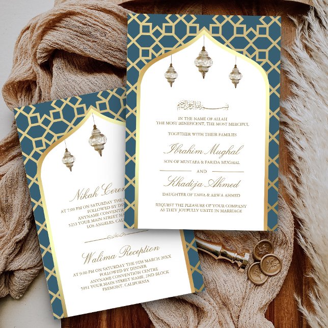 Invitation Lanterne suspendue Dusty Blue Gold Mariage Musulma (Créateur téléchargé)