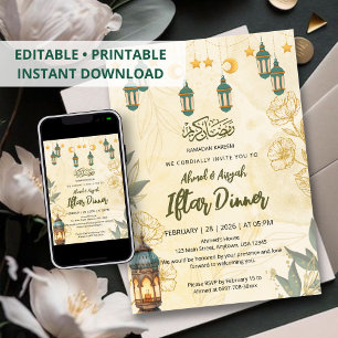 Invitation Lanterne verte et floral doré pour le Ramadan Ifta