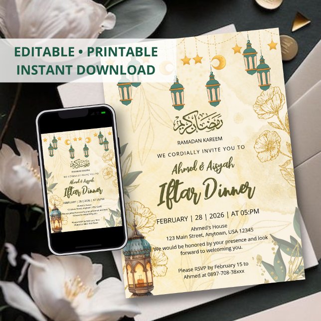 Invitation Lanterne verte et floral doré pour le Ramadan Ifta (Créateur téléchargé)