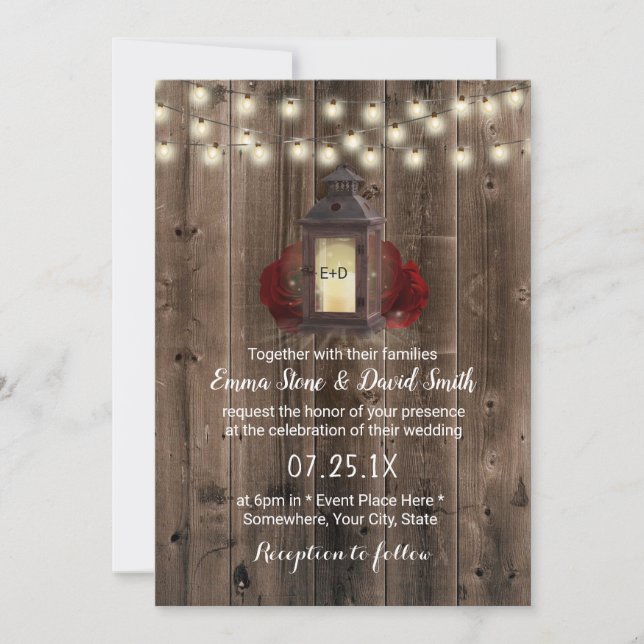 Invitation Lanterne vintage & Fleurs Mariage en bois rustique (Devant)
