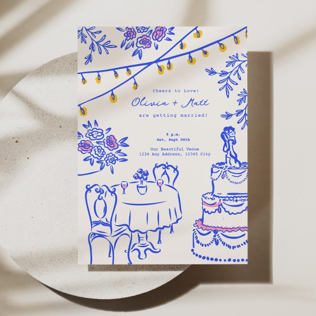 Invitation Lanternes à main blanche Mariage bleu (Whimsical Hand Drawn Lanterns Wedding Blue Invitation)